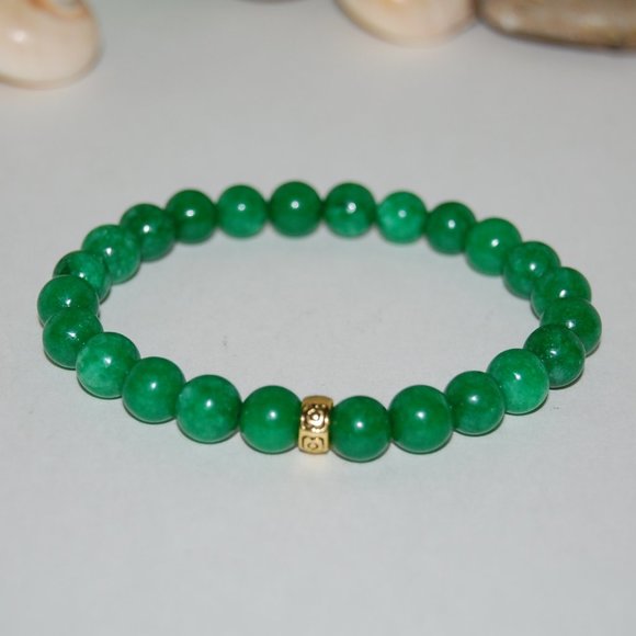 Jade Bracelet,Green Jade Bracelet,Golden Charm Jade Bracelet,8mm Beads - Picture 3 of 3